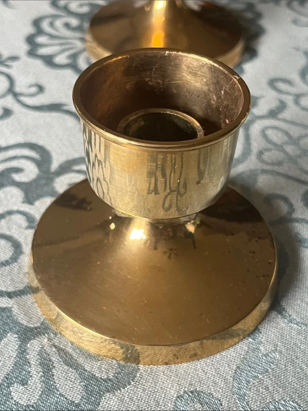 Solid Brass Candle Holders with Blue Taper Candles -Set of 2